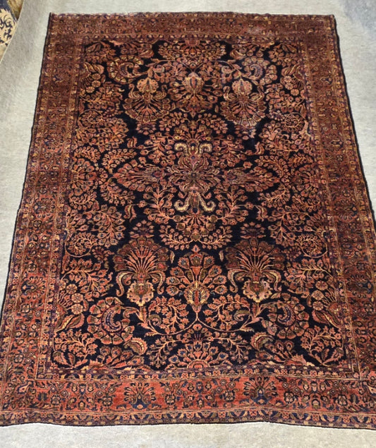 Antique Blue Mahajaran Sarouk Rug – Hand-Knotted Persian Wool,  9.1 x 12.8 ft – Rare Navy Floral Design (#10569)