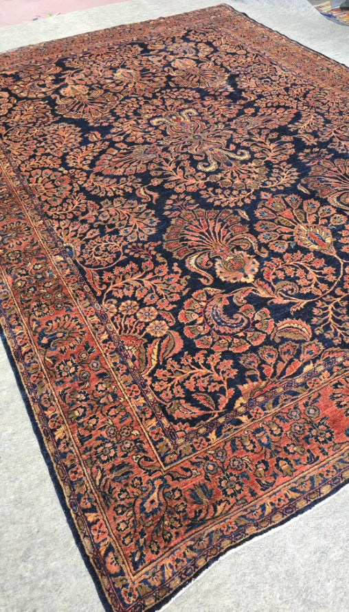Antique Blue Mahajaran Sarouk Rug – Hand-Knotted Persian Wool,  9.1 x 12.8 ft – Rare Navy Floral Design (#10569)