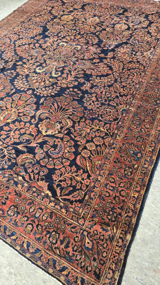 Antique Blue Mahajaran Sarouk Rug – Hand-Knotted Persian Wool,  9.1 x 12.8 ft – Rare Navy Floral Design (#10569)