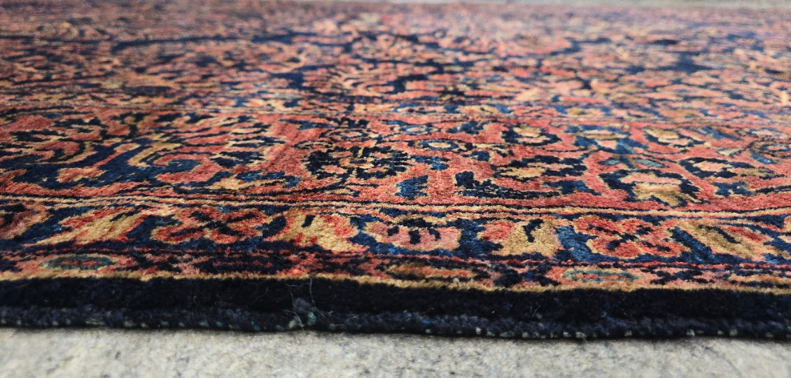 Antique Blue Mahajaran Sarouk Rug – Hand-Knotted Persian Wool,  9.1 x 12.8 ft – Rare Navy Floral Design (#10569)