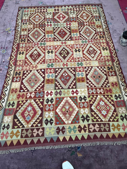 Vintage Afghan Maimana Kilim – Handwoven Wool Rug, 6.3x9.6 ft – Tribal Patchwork Design (#10237)