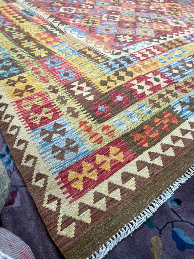 New Afghan Colorful Kilim – Handwoven Wool Rug, 10 X 13 ft – Tribal Geometric Design (#5845)