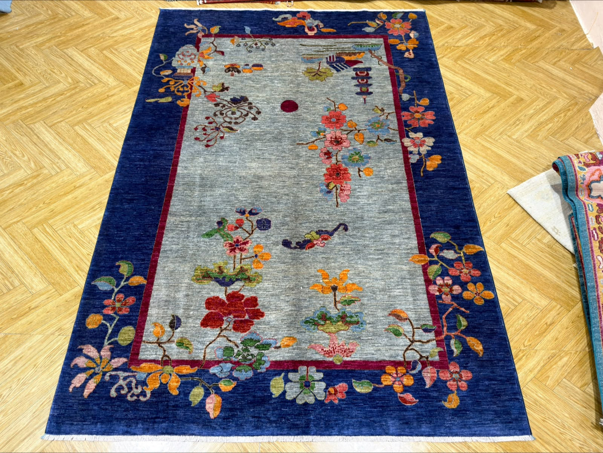 Floral Nichols Design Rug | Art Deco Wool Carpet | By John Ahmad (6x9) #10482