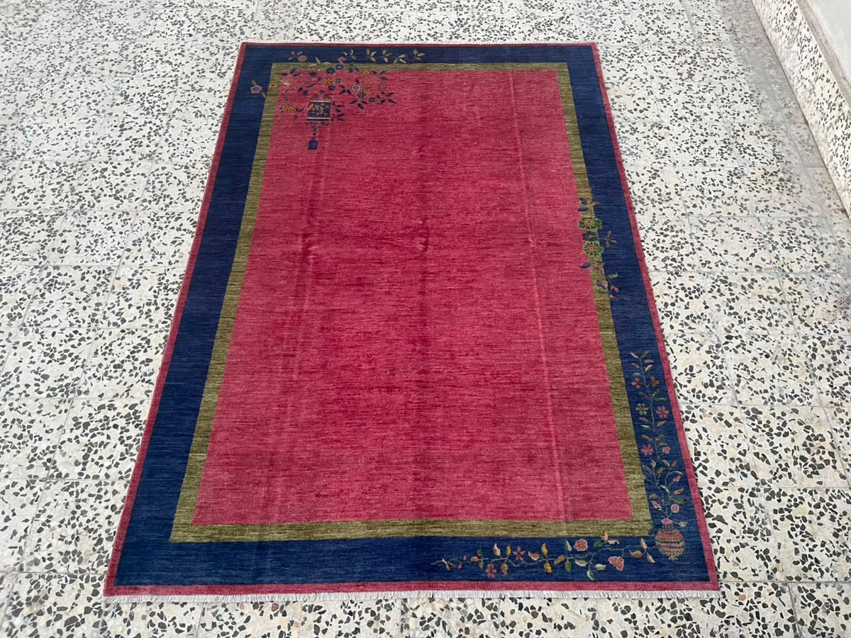 Floral Nichols Design Rug | Art Deco Wool Carpet | By John Ahmad (6x9)#10484