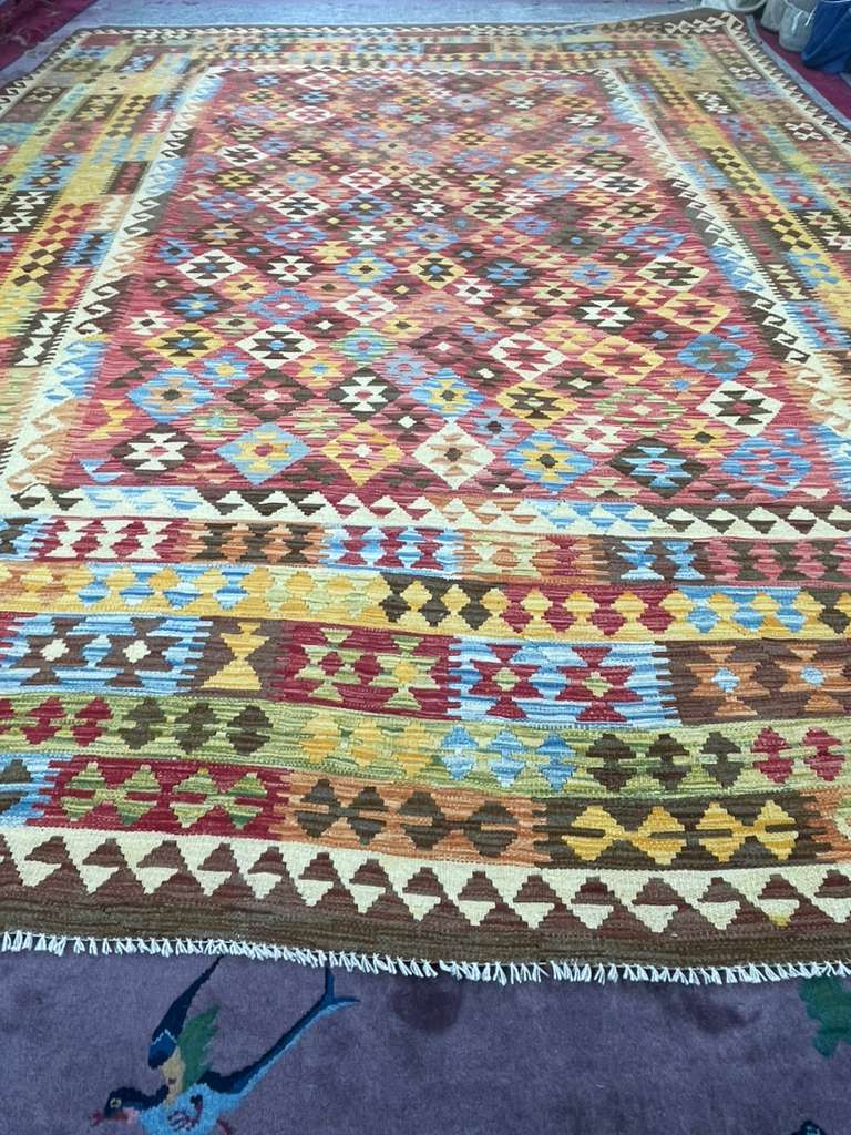 New Afghan Colorful Kilim – Handwoven Wool Rug, 10 X 13 ft – Tribal Geometric Design (#5845)