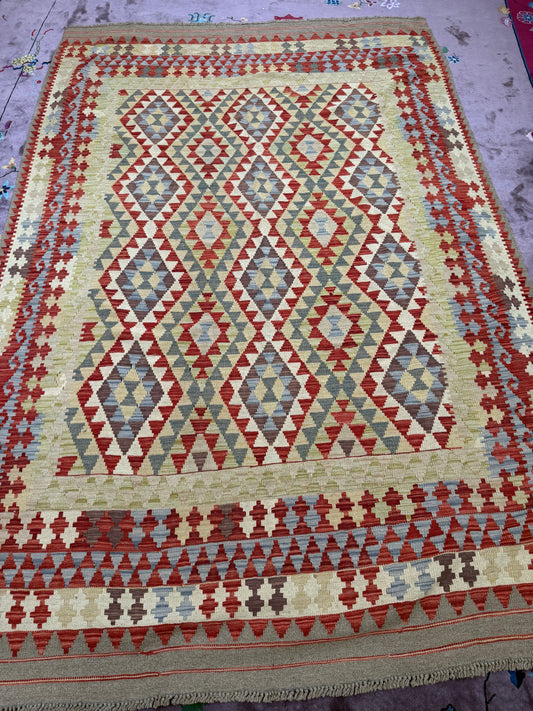 Vintage Afghan Maimana Kilim – Handwoven Wool Rug, 6.3x9.6 ft – Tribal Geometric Design (#10238)