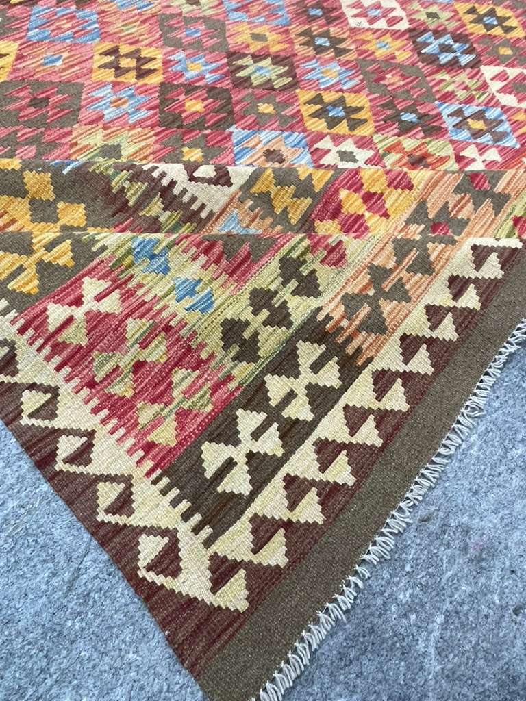 New Afghan Colorful Kilim – Handwoven Wool Rug, 10 X 13 ft – Tribal Geometric Design (#5845)