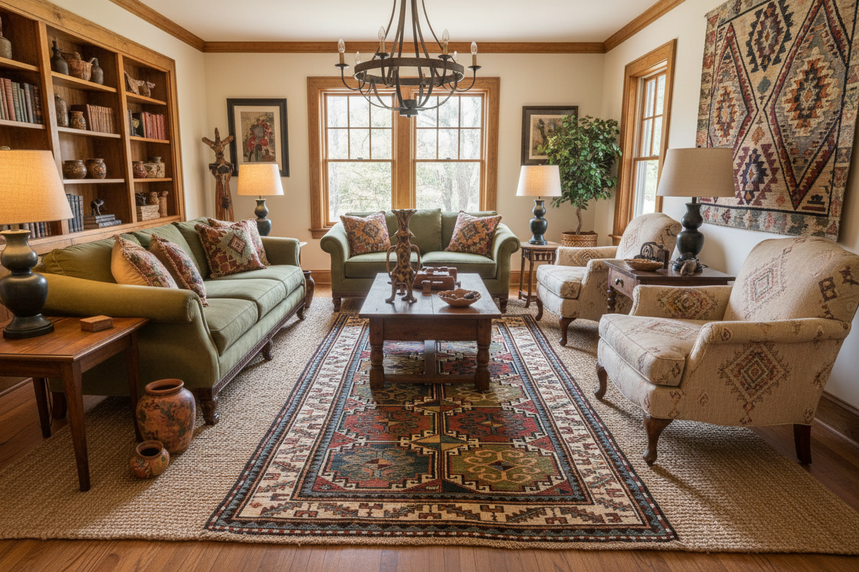 Antique Kazak Rug circa 1880 in Living Room