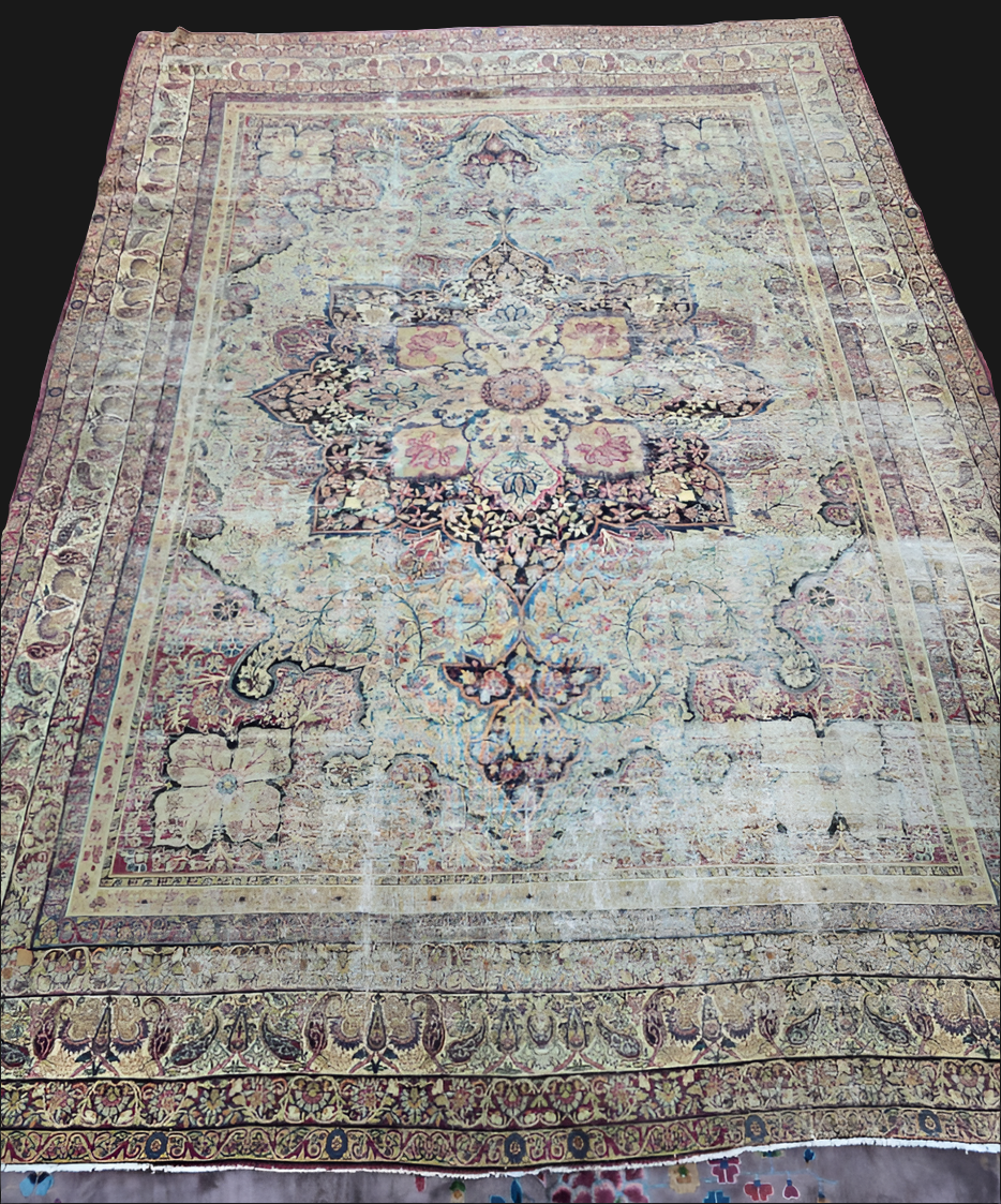 Antique Persian Kirman Rug – Hand-Knotted Wool Area Rug (9 x 13) – Floral Medallion Design