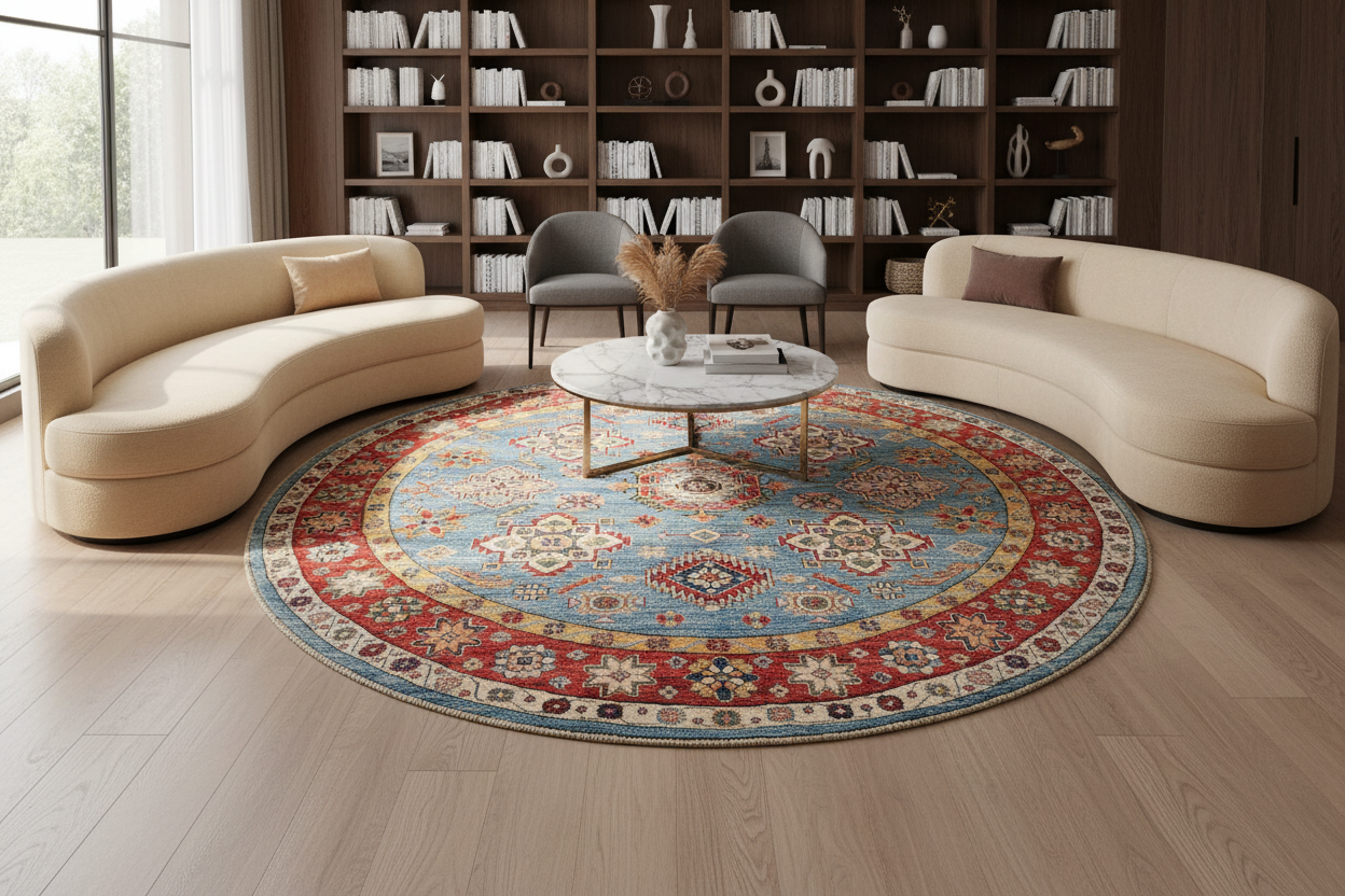 Circular Kazak Rug in Living Room