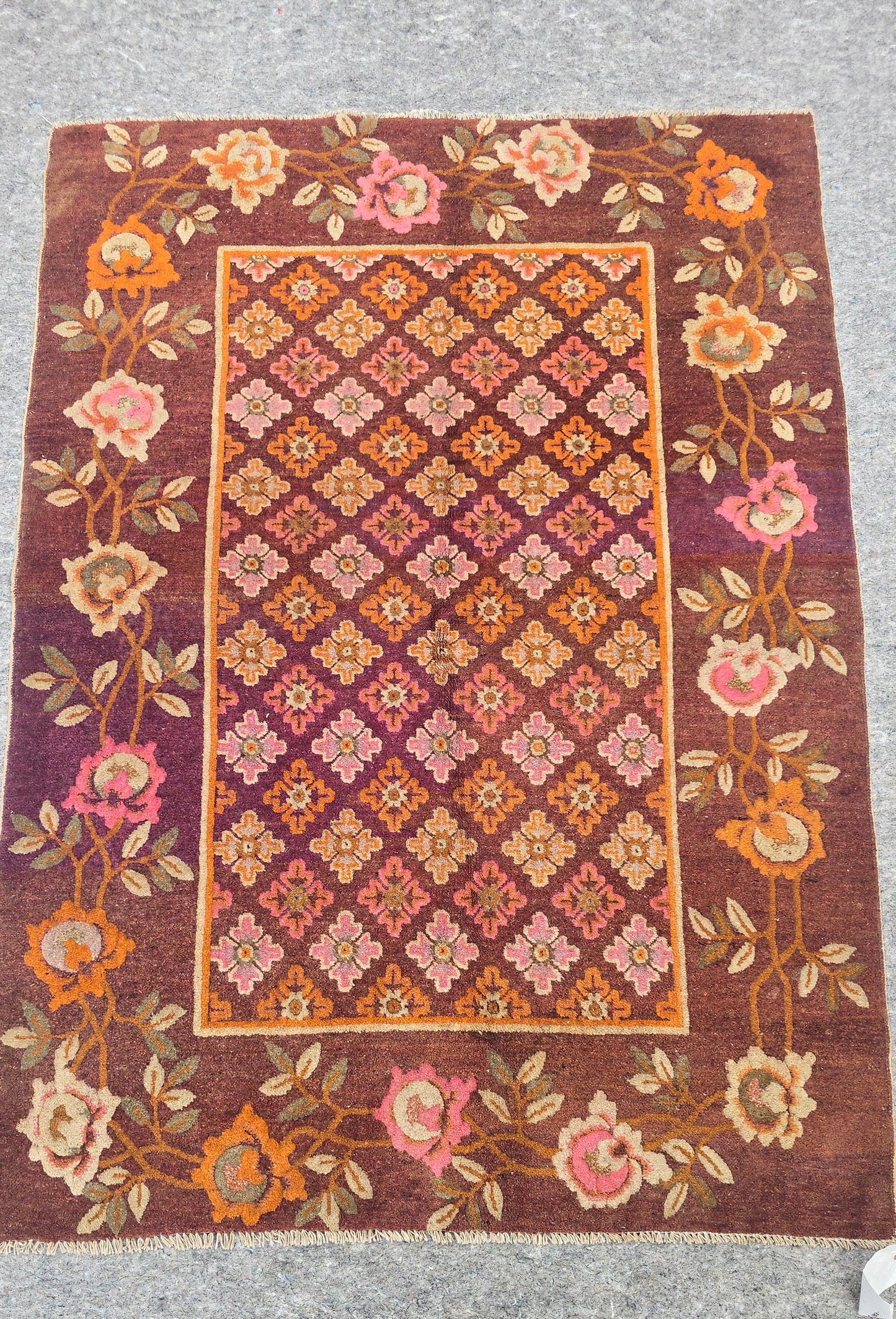 Floral Antique Tibetian Rug | Art Deco Wool Carpet | Circa 1920s-1930s (4x5)