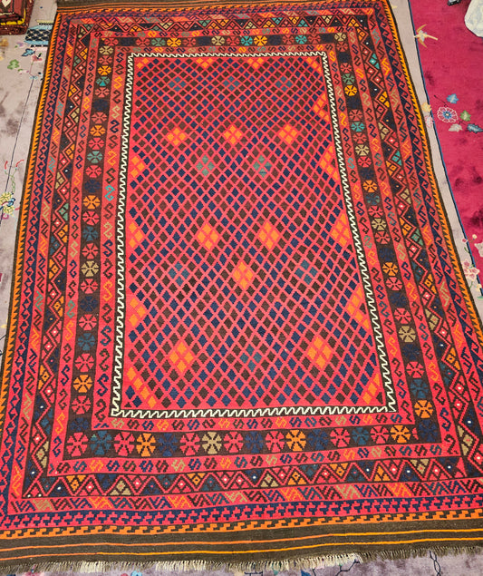 Large Afghan Maimana Kilim – Handwoven Wool Rug, 7.8x11 ft – Bold Tribal Diamond Design (#5786)