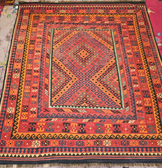 Large Afghan Maimana Kilim – Handwoven Wool Rug, 7.8x11 ft – Bold Tribal Diamond Design (#8970)
