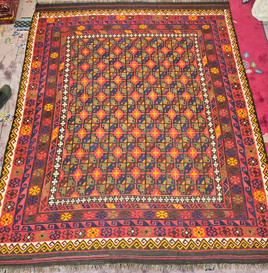 Large Afghan Maimana Kilim – Handwoven Wool Rug, 7.8x11 ft – Bold Tribal Diamond Design (#5782)
