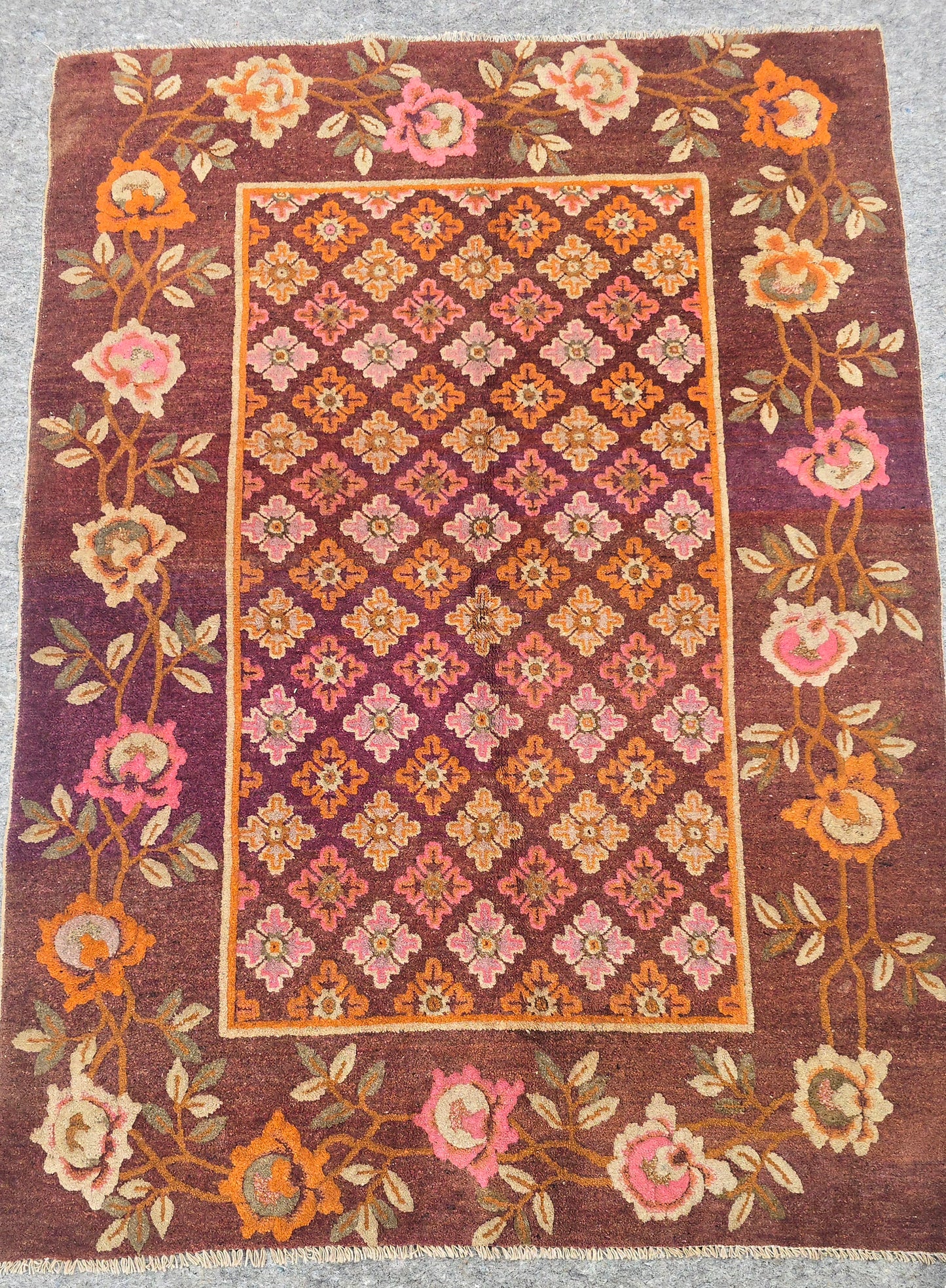 Floral Antique Tibetian Rug | Art Deco Wool Carpet | Circa 1920s-1930s (4x5)
