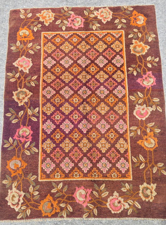 Floral Antique Tibetian Rug | Art Deco Wool Carpet | Circa 1920s-1930s (4x5)