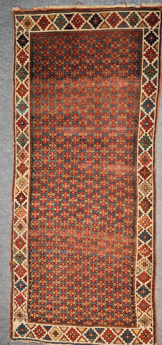 19th Century Caucasian Kazak Runner – Handwoven Tribal Wool Rug (4.2 x 9.3 ft)