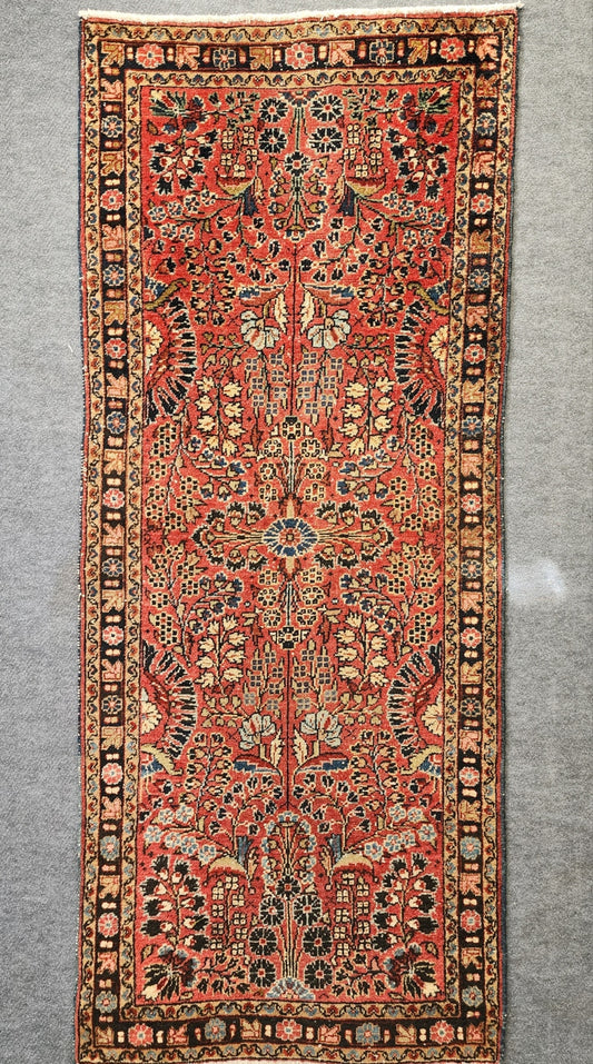 Antique Persian Sarouk Runner – Hand-Knotted Wool, 2.9x6.2 ft – Floral Design in Rich Coral Tones
